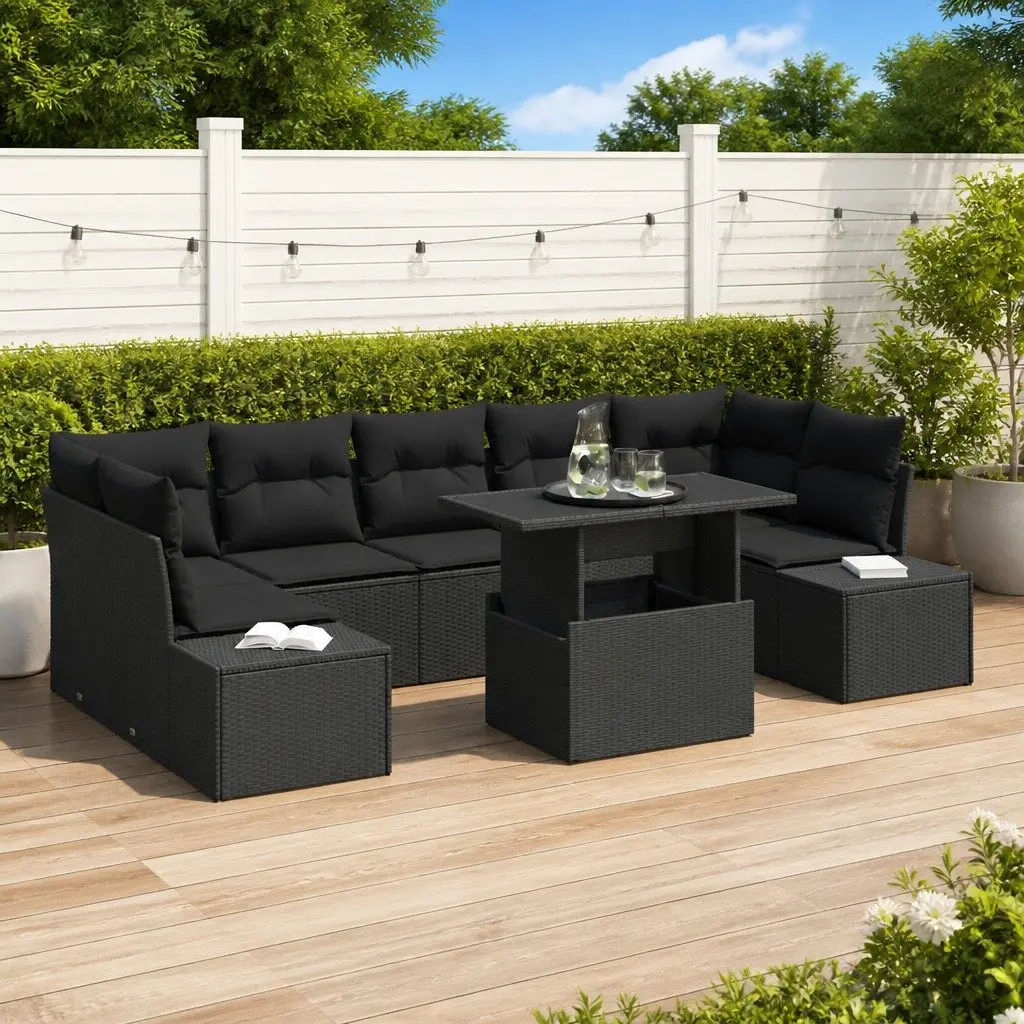 Outdoor Garden Sofa Set Modern 8 Piece Black Rattan Steel Frame