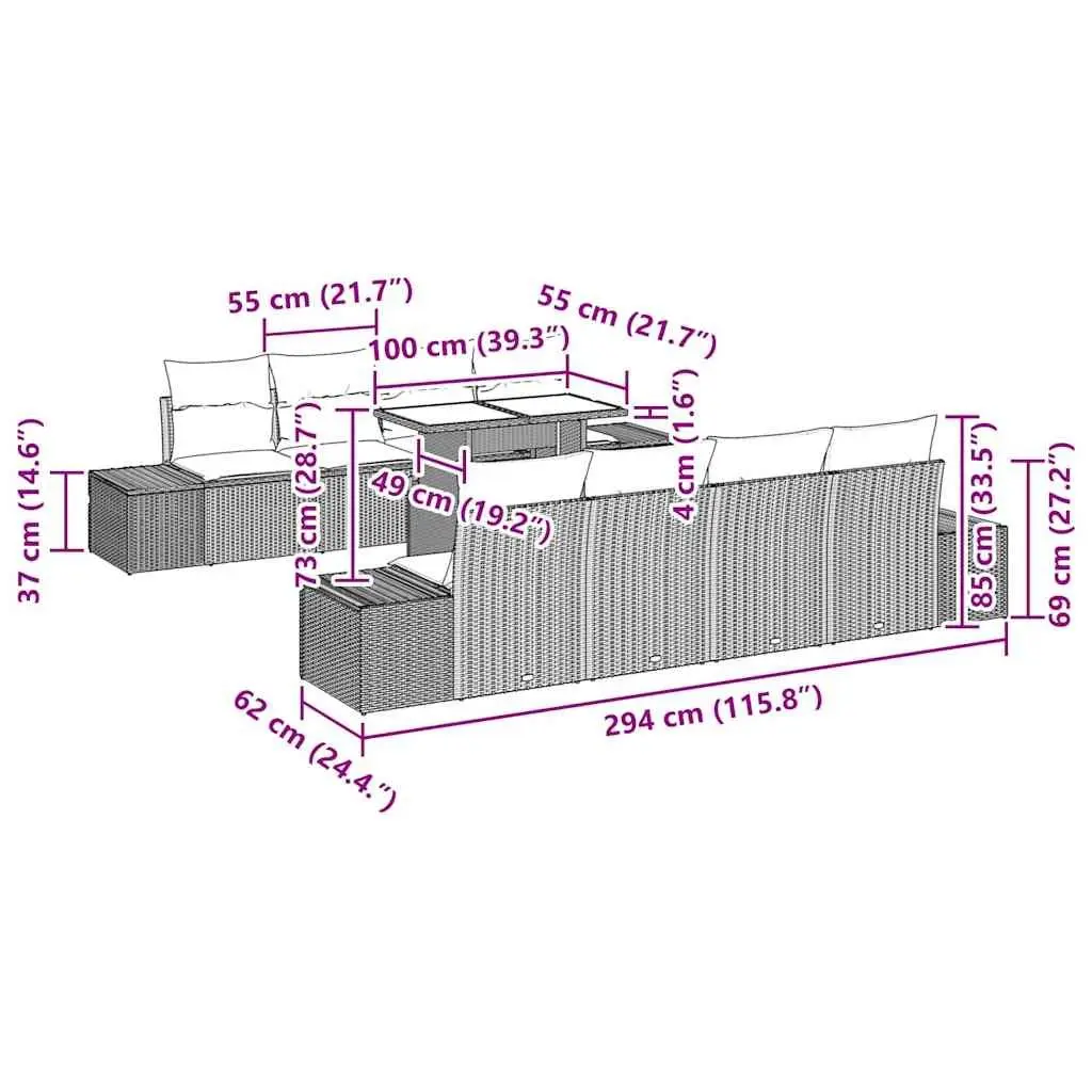 Modular 9Piece Outdoor Sofa Set Black Rattan Steel Frame Patio Furniture