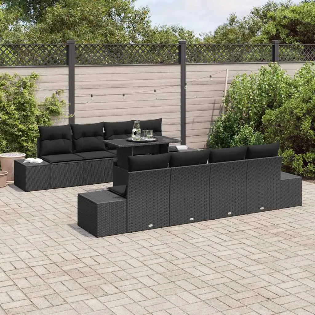 Modular 9Piece Outdoor Sofa Set Black Rattan Steel Frame Patio Furniture