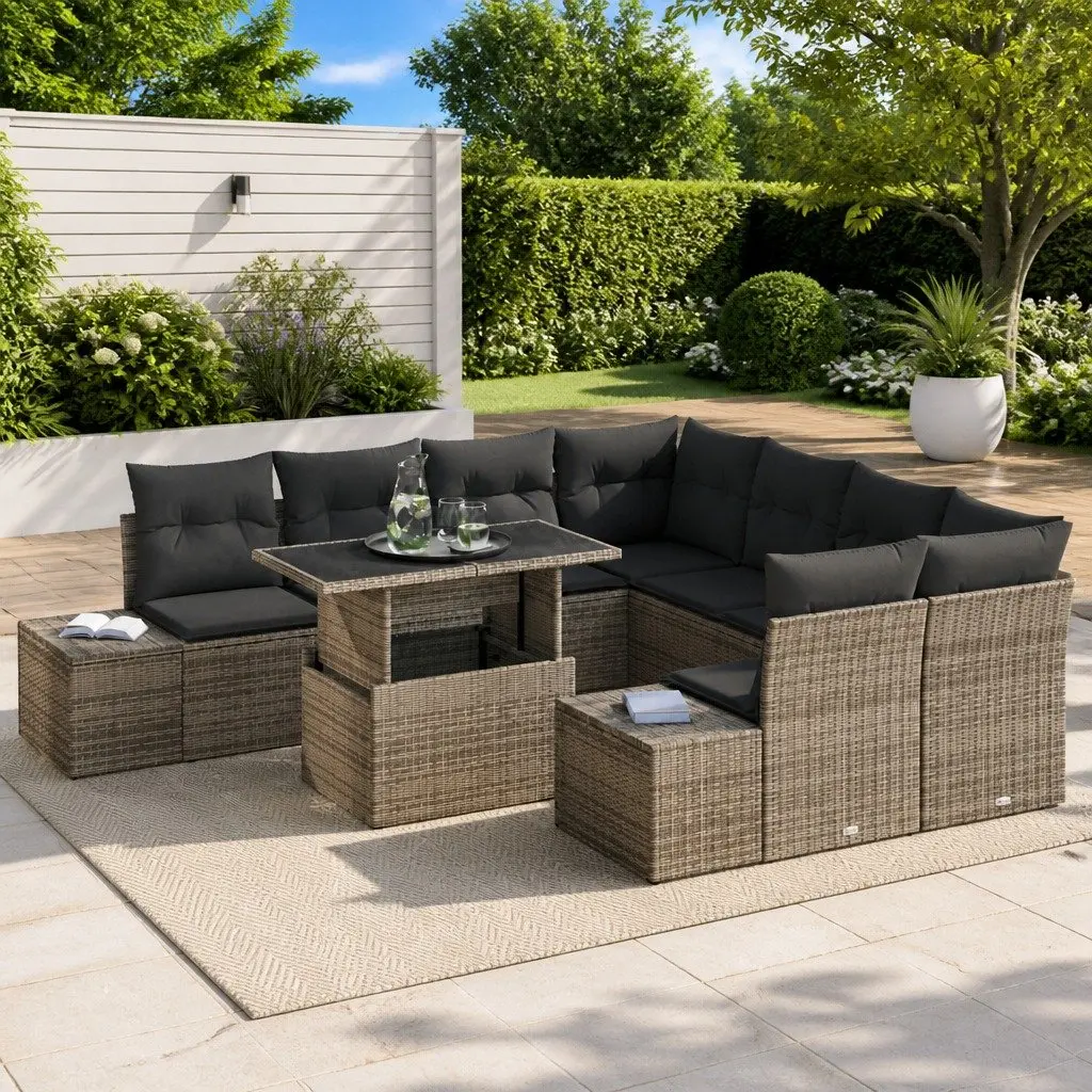 Modular Garden Sofa Set 9 Pieces Grey Poly Rattan with Cushions for Outdoor Patios and Terraces