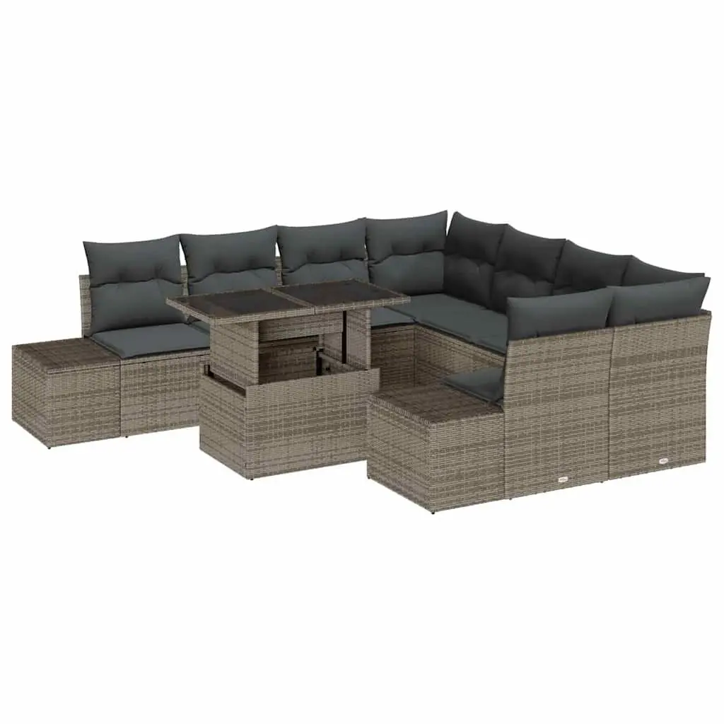 Modular Garden Sofa Set 9 Pieces Grey Poly Rattan with Cushions for Outdoor Patios and Terraces