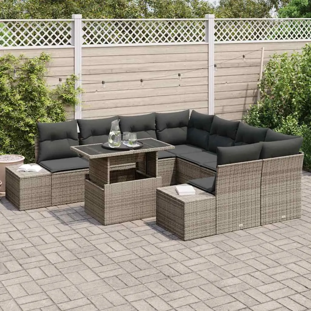 Modular Garden Sofa Set 9 Pieces Grey Poly Rattan with Cushions for Outdoor Patios and Terraces