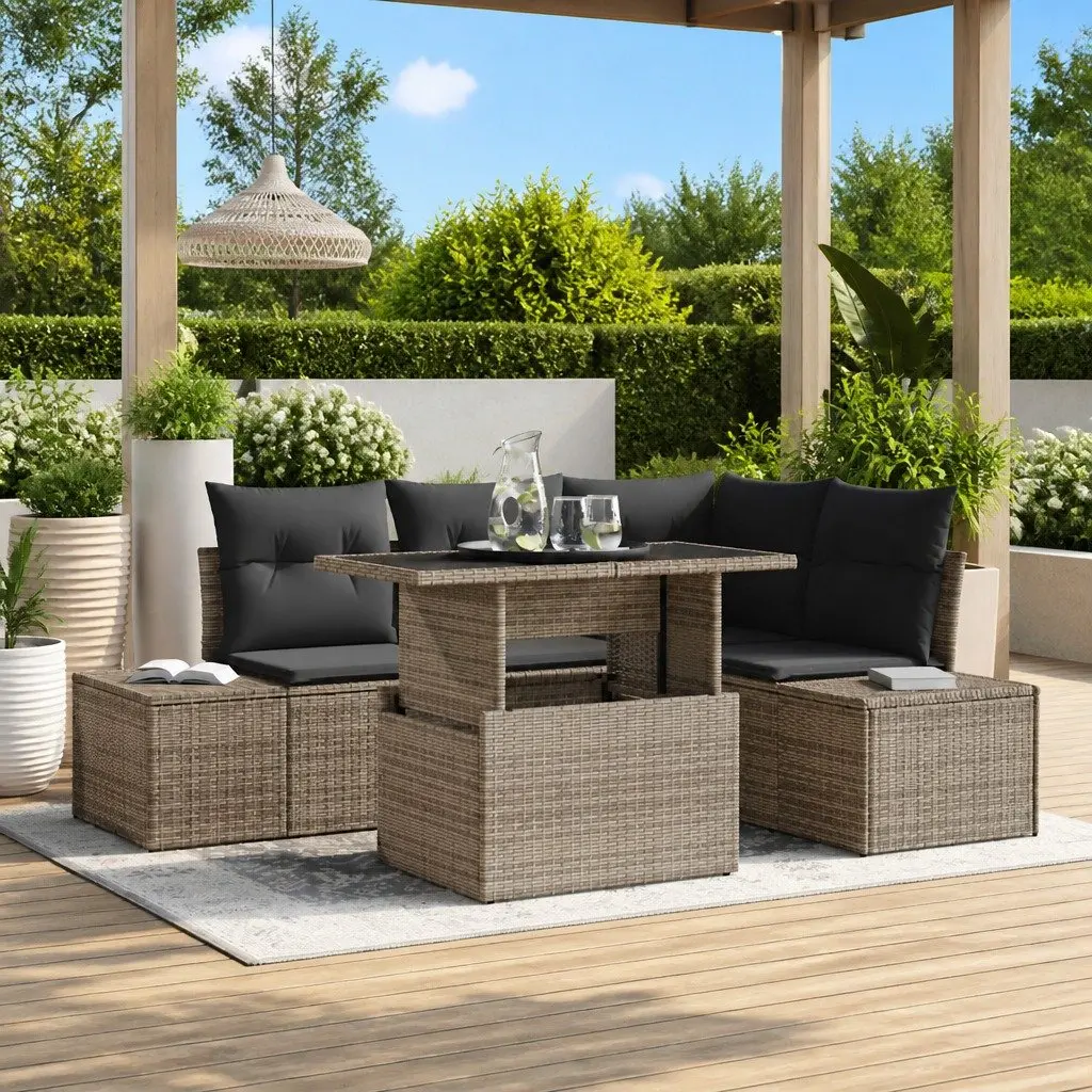 Garden Sofa Set 5 Pieces Grey Outdoor Furniture Poly Rattan Sectional with Table