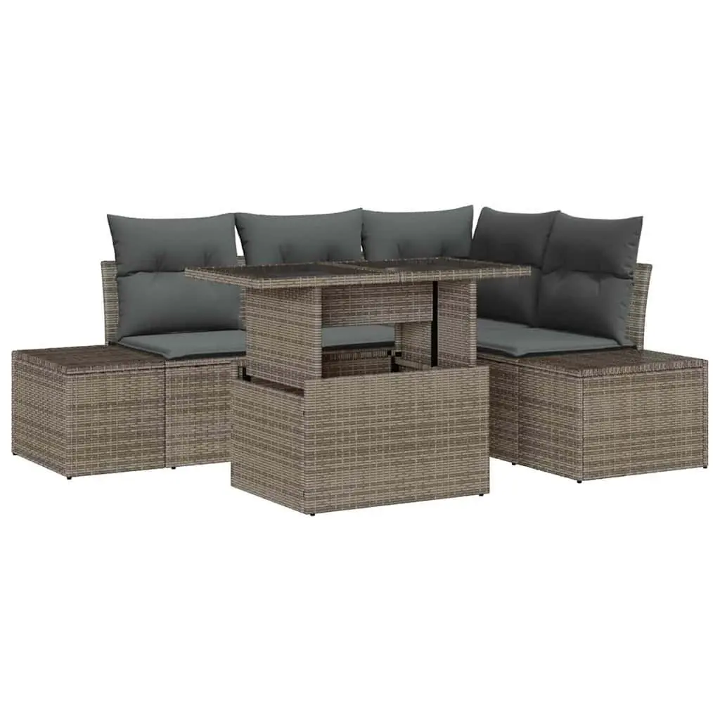 Garden Sofa Set 5 Pieces Grey Outdoor Furniture Poly Rattan Sectional with Table