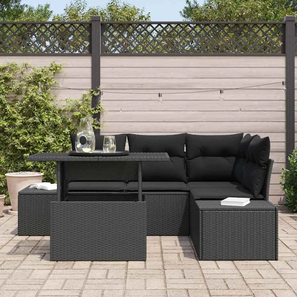 Garden Sofa Set 5 Pieces Black Outdoor Sectional Furniture with Cushions Table