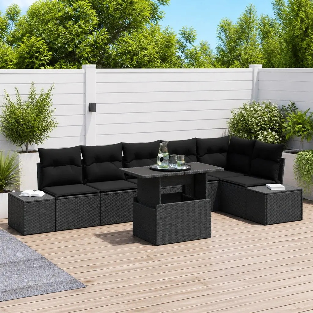 Outdoor Garden Sofa Set Modular Rattan Furniture with Storage Black 7 Piece