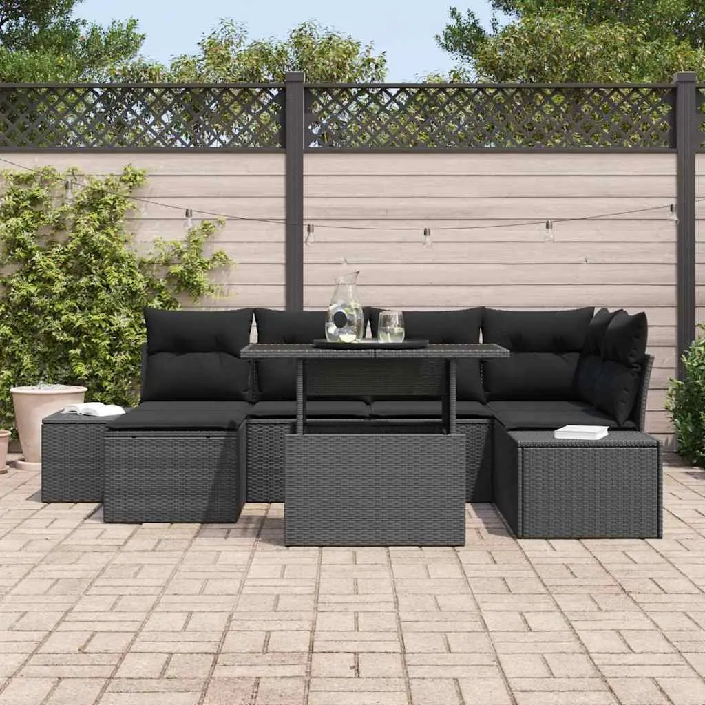7 Piece Outdoor Patio Lounge Set Modular Black Poly Rattan Sofa with Cushions and Adjustable Table