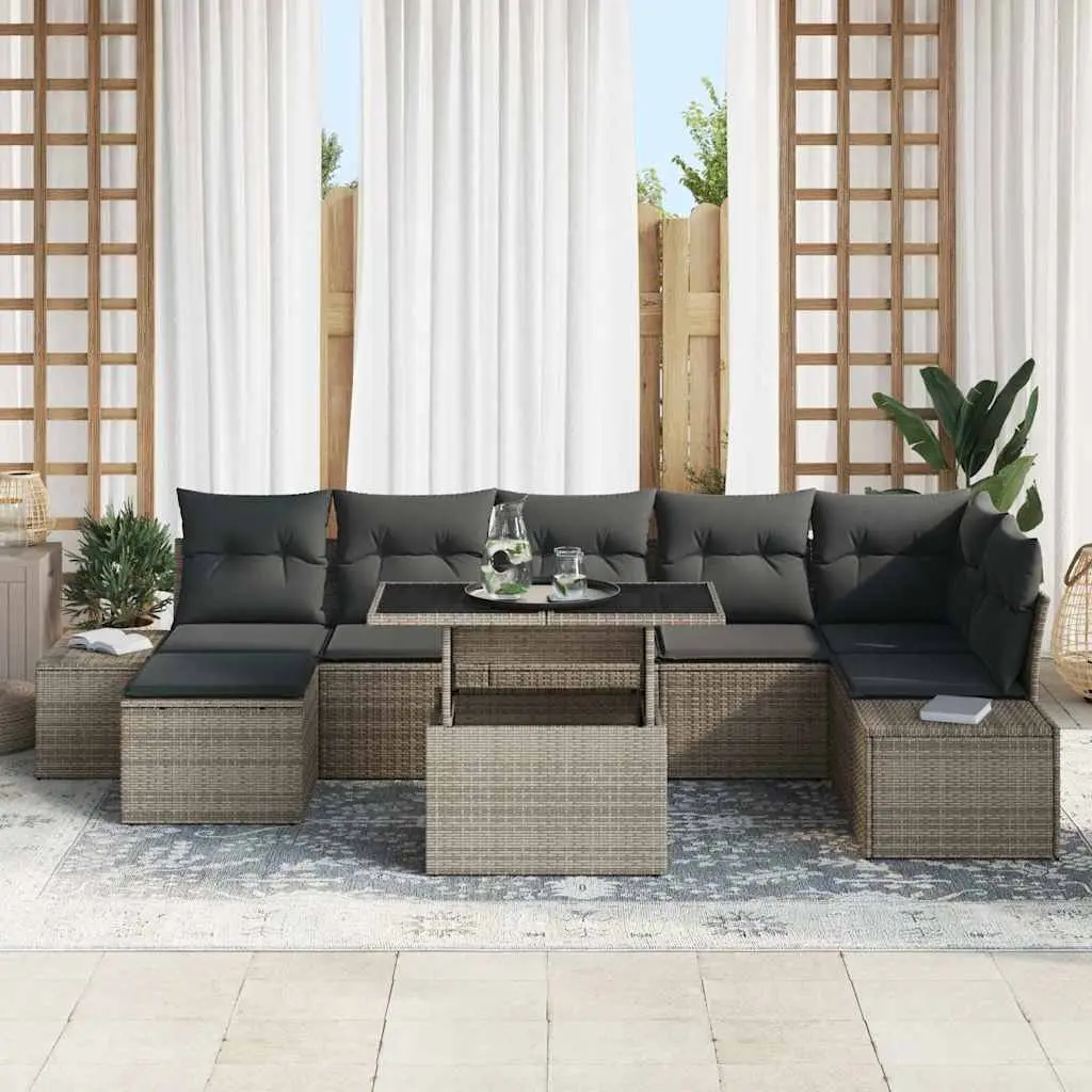 Garden Sofa Set 8 Pcs Grey Poly Rattan Outdoor Furniture with Storage Table
