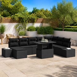 Garden Sofa Set 9 Piece Outdoor Furniture Black Poly Rattan with Storage Table