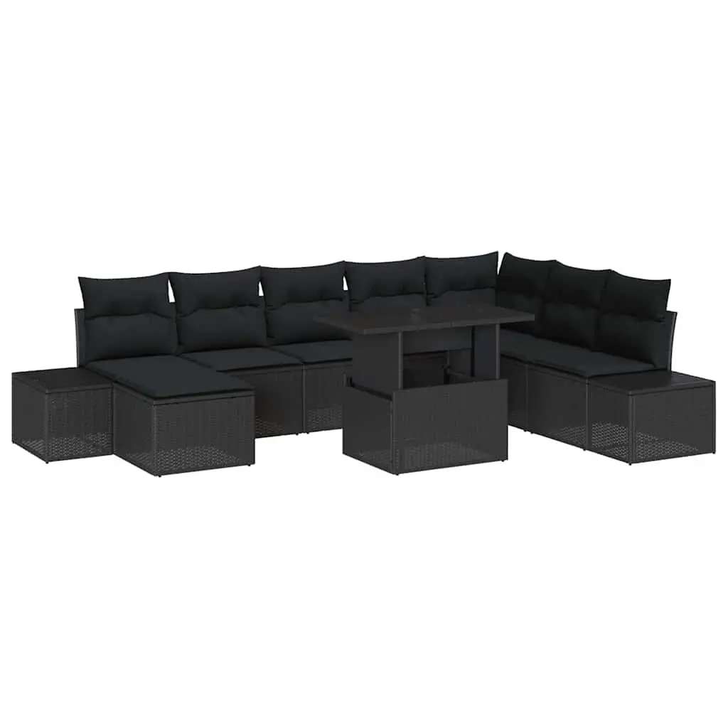 Outdoor Furniture 9 Piece Garden Sofa Set Modern Black Poly Rattan with Glass Top Storage Table
