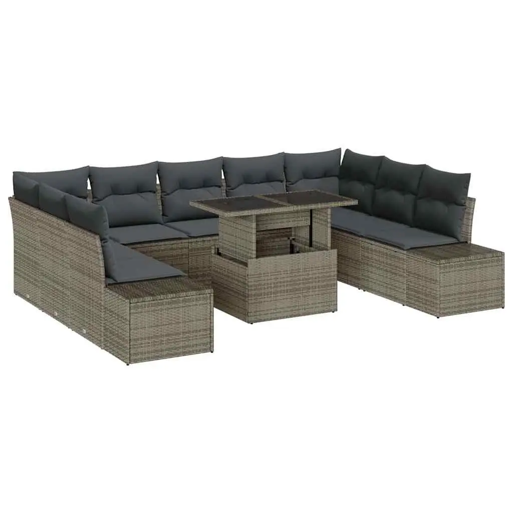 Garden Sofa Set Grey Poly Rattan 10 Piece Outdoor Furniture with Storage Benches