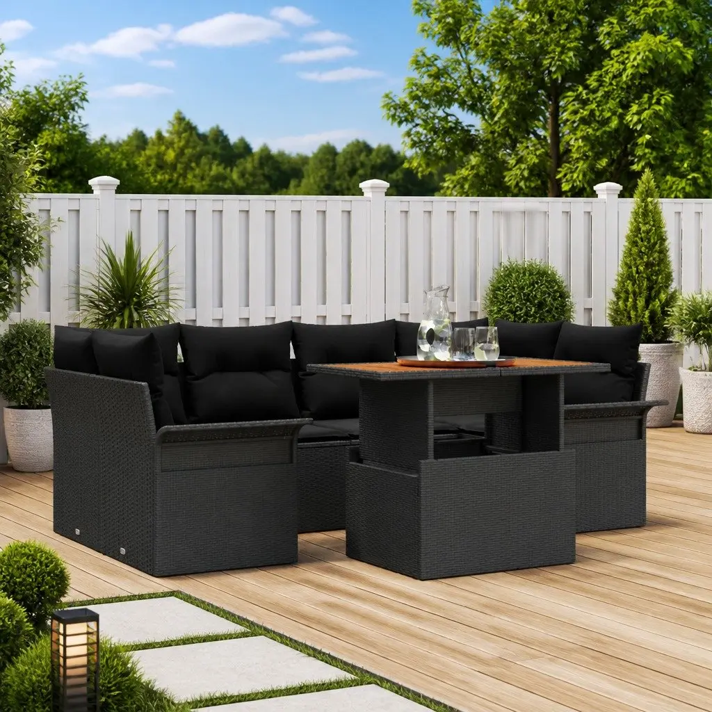 Garden Sofa Set Modular Black Poly Rattan 7 Piece Outdoor Furniture with Storage