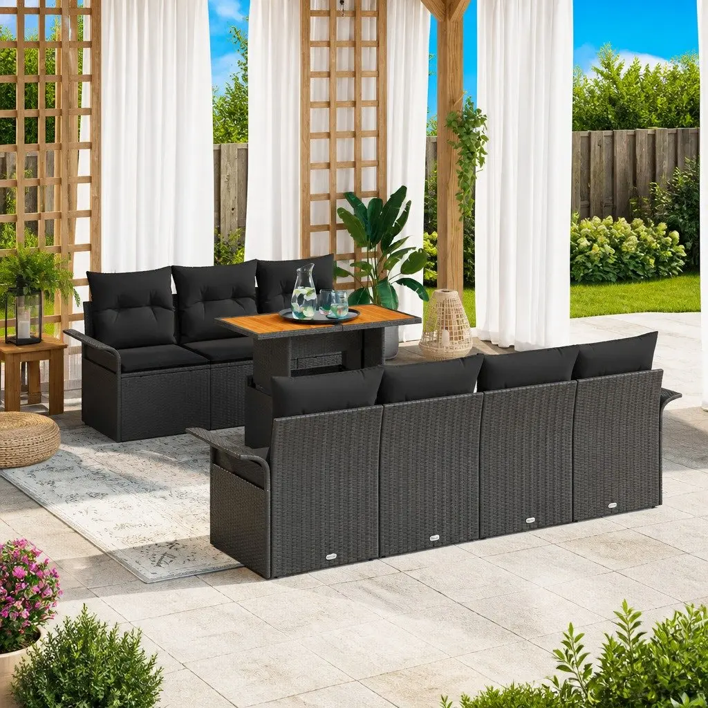 8 Piece Modular Garden Sofa Set Black Poly Rattan Outdoor Furniture with Dining Table and Storage Compartment