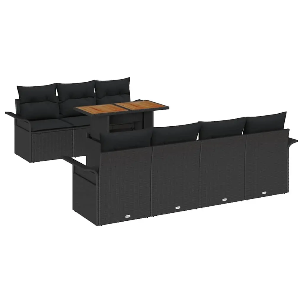 8 Piece Modular Garden Sofa Set Black Poly Rattan Outdoor Furniture with Dining Table and Storage Compartment