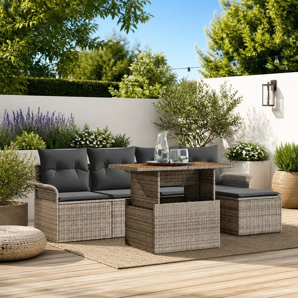 Modular Outdoor Garden Sofa Set 6 Piece Grey Poly Rattan with Storage