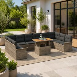 Outdoor Rattan Garden Sofa Set 9 Pieces Grey Modular Seating with Storage