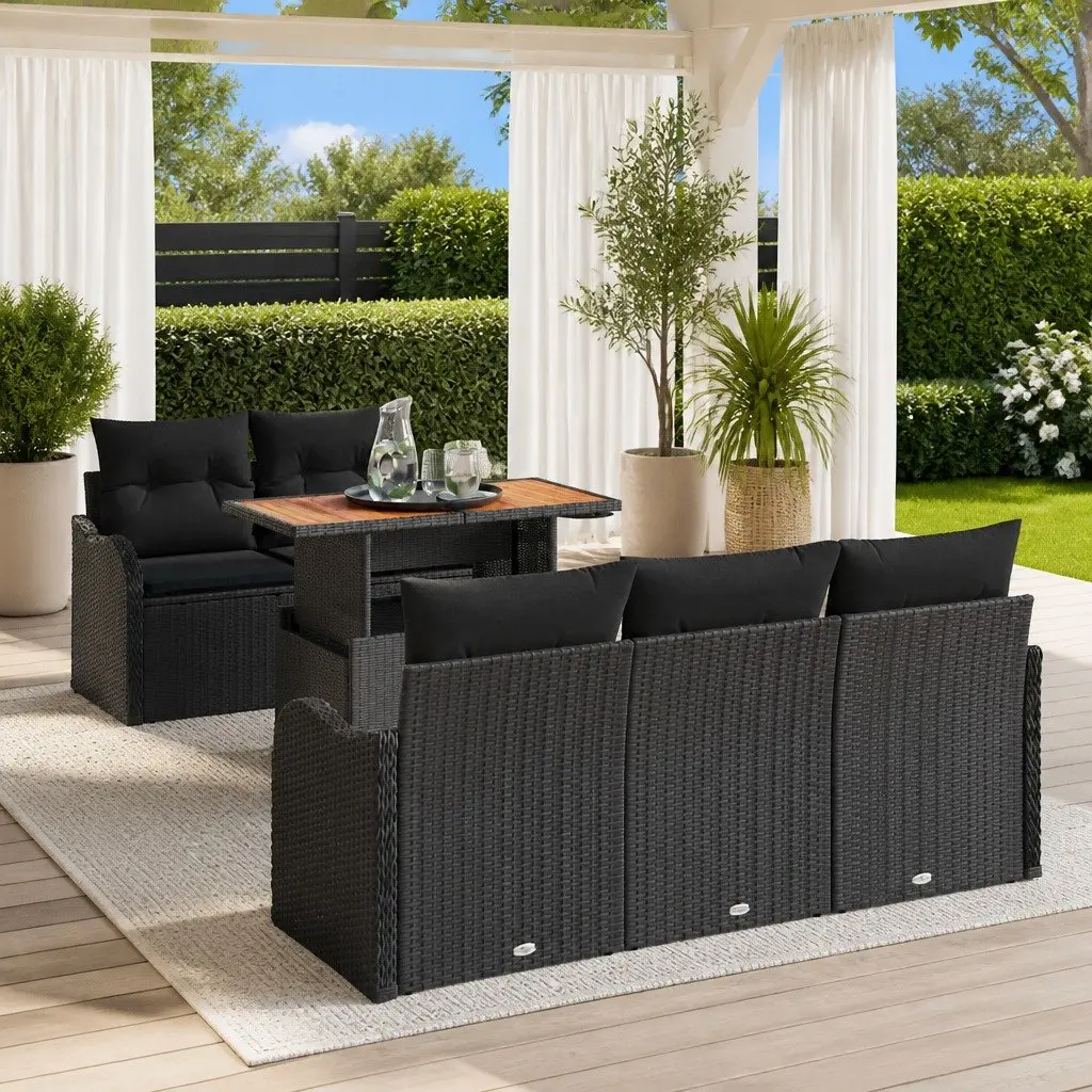 6 Piece Modular Black Poly Rattan Outdoor Sofa Set with Storage Table