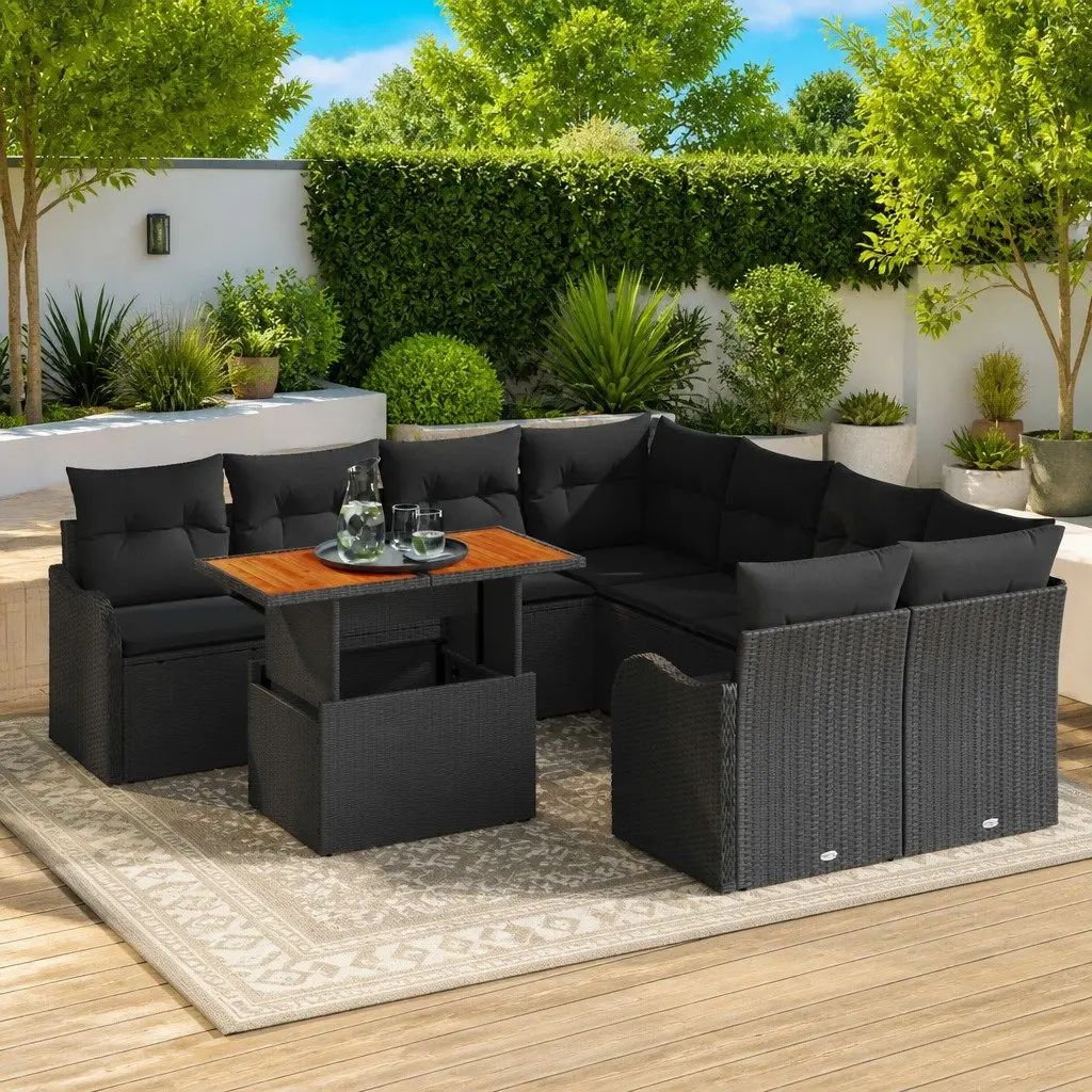 Garden Sofa Set Modular 9-Piece Outdoor Furniture Black Poly Rattan Lounge