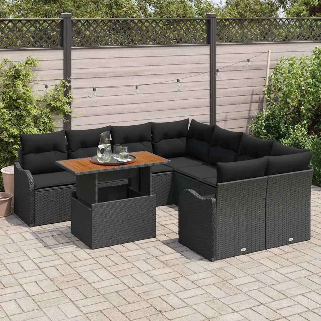 Garden Sofa Set Modular 9-Piece Outdoor Furniture Black Poly Rattan Lounge