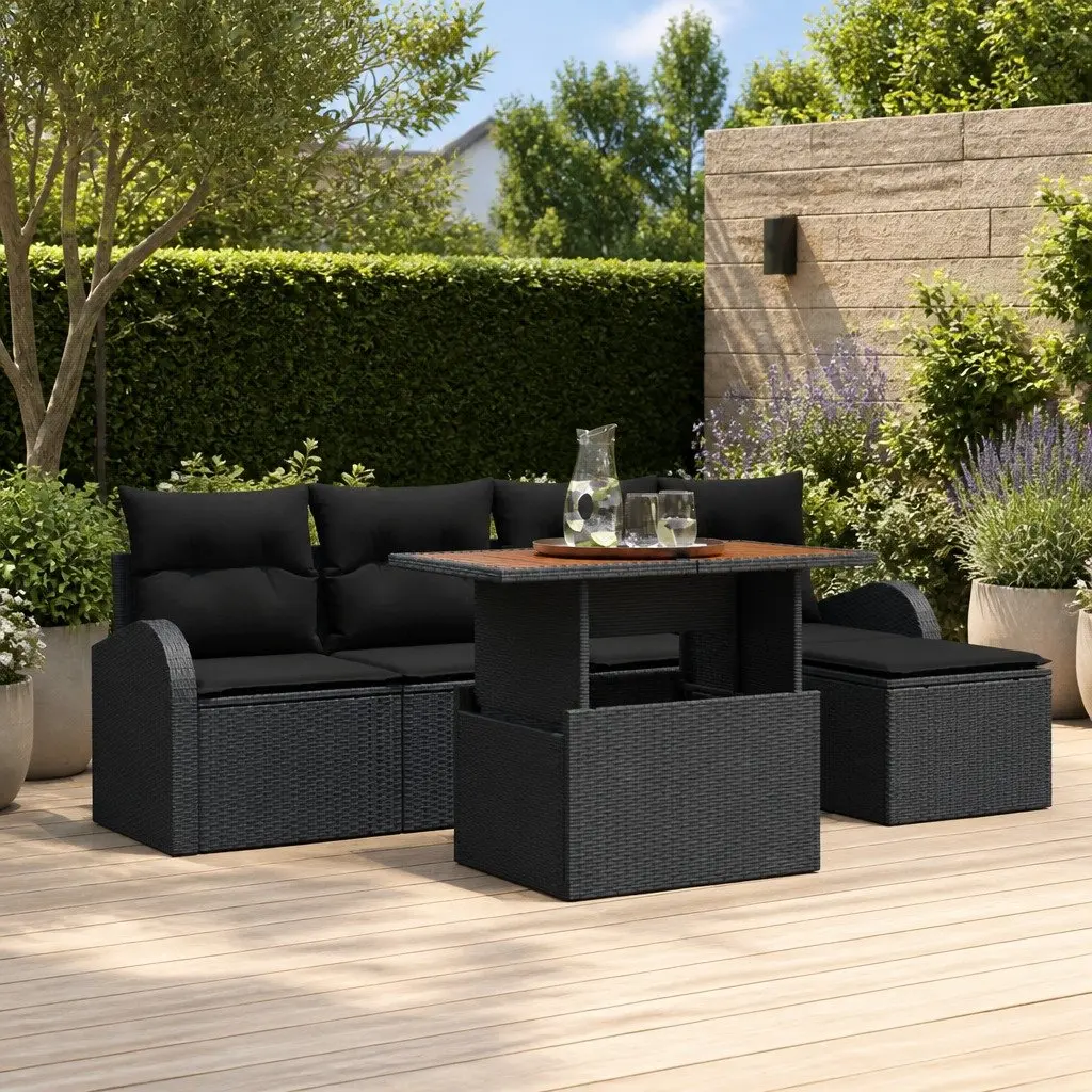 Modular Garden Sofa Set 6 Piece Black Poly Rattan with Storage