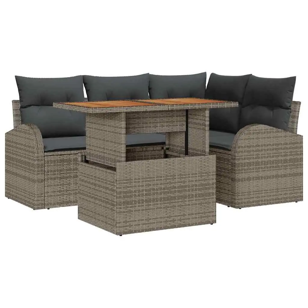 Modular Garden Sofa Set Grey Poly Rattan Outdoor Furniture 5 Pieces with Storage and Rectangular Table