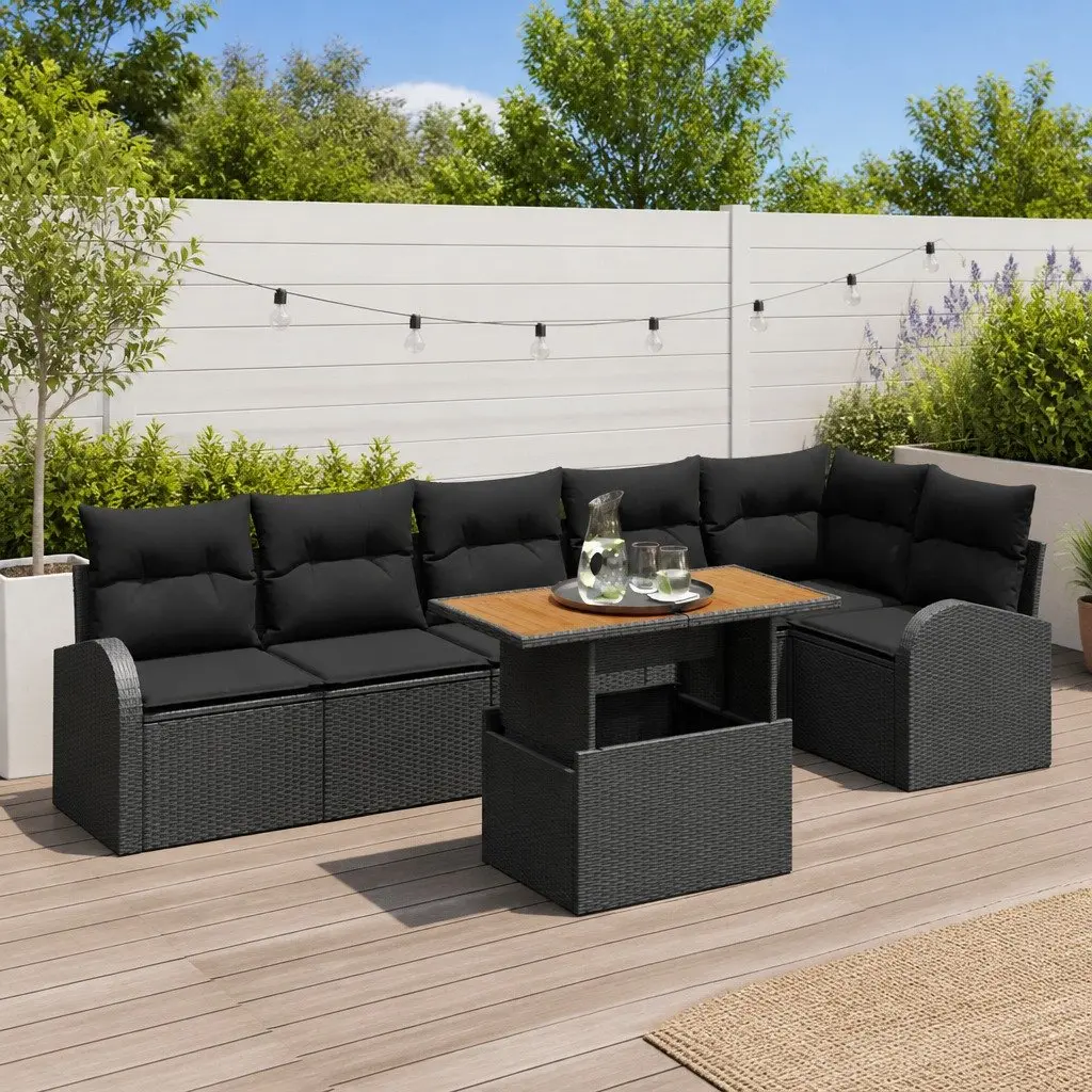 Outdoor Garden Sofa Set Modular with Storage 7 Piece Black Poly Rattan
