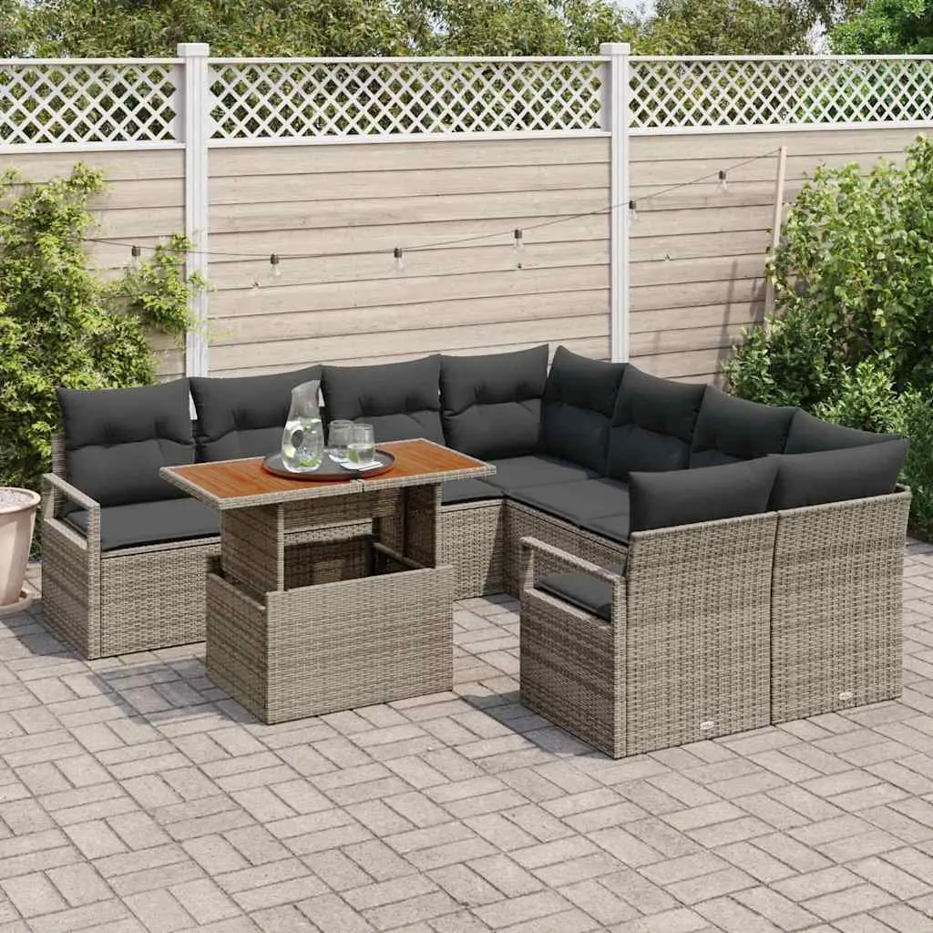 Garden Sofa Set 9 Pieces Grey Poly Rattan Outdoor Furniture with Storage Table