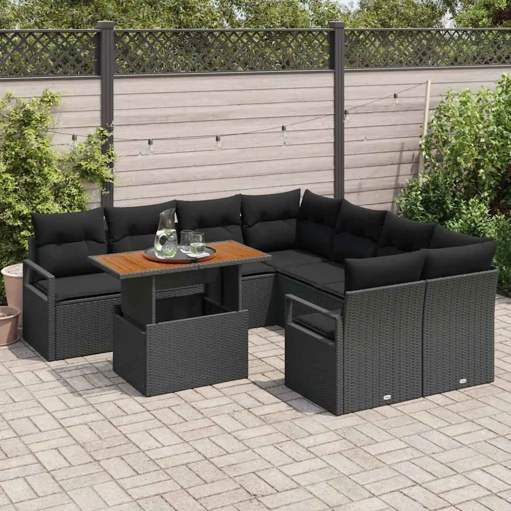 Garden Sofa Set 9pcs Outdoor Lounge Furniture Black Poly Rattan with Storage