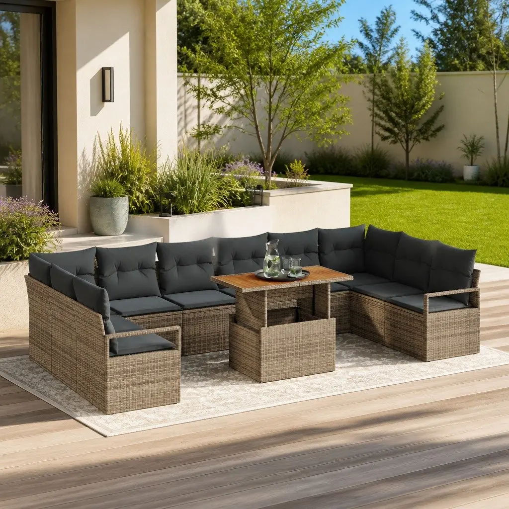 11 Piece Garden Sofa Set Grey Modular Rattan Outdoor Furniture with Storage