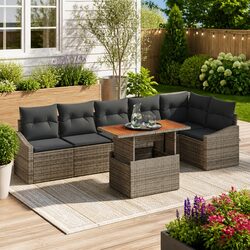 Garden Sofa Set 7 Piece Outdoor Furniture Grey Poly Rattan Modular with Storage