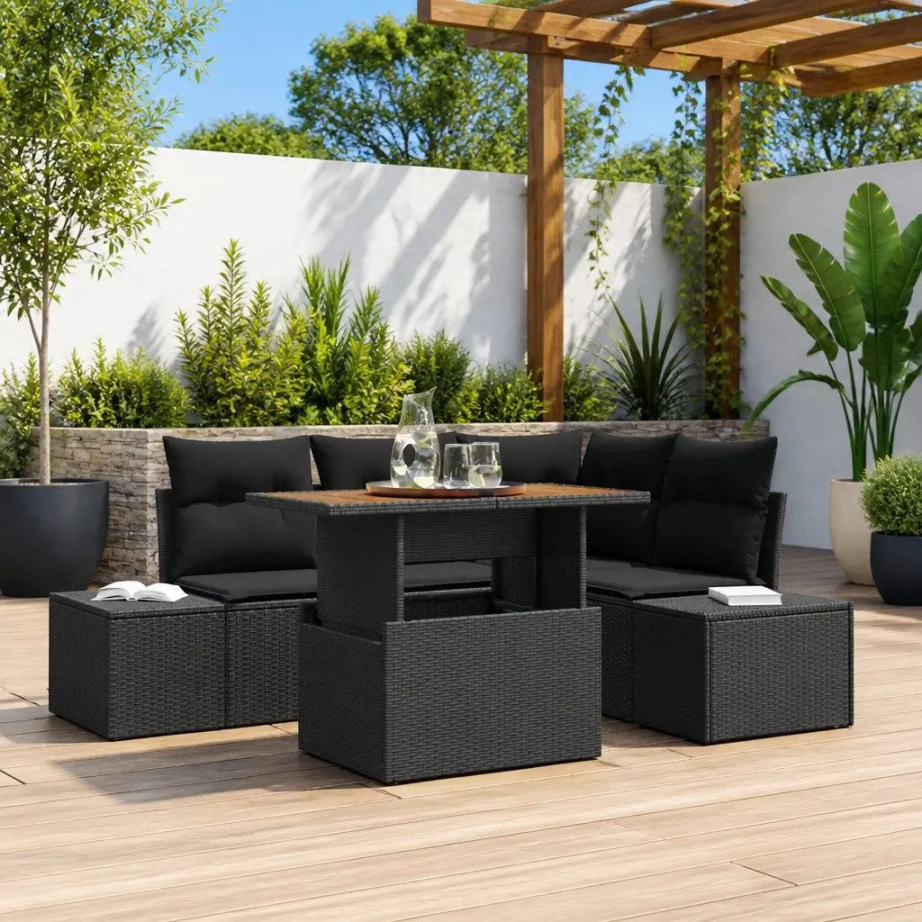 Outdoor Garden Sofa Set Modular Black 5 Piece Rattan Furniture with Storage