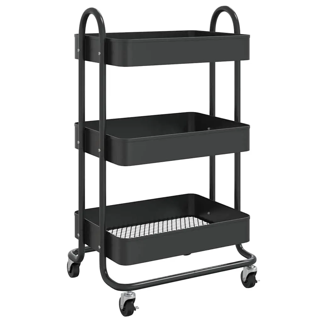 3-Tier Storage Trolley Black Steel Mobile Cart 43x34x79cm