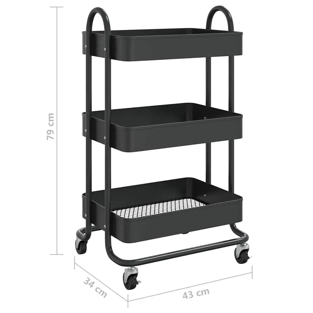 3-Tier Storage Trolley Black Steel Mobile Cart 43x34x79cm