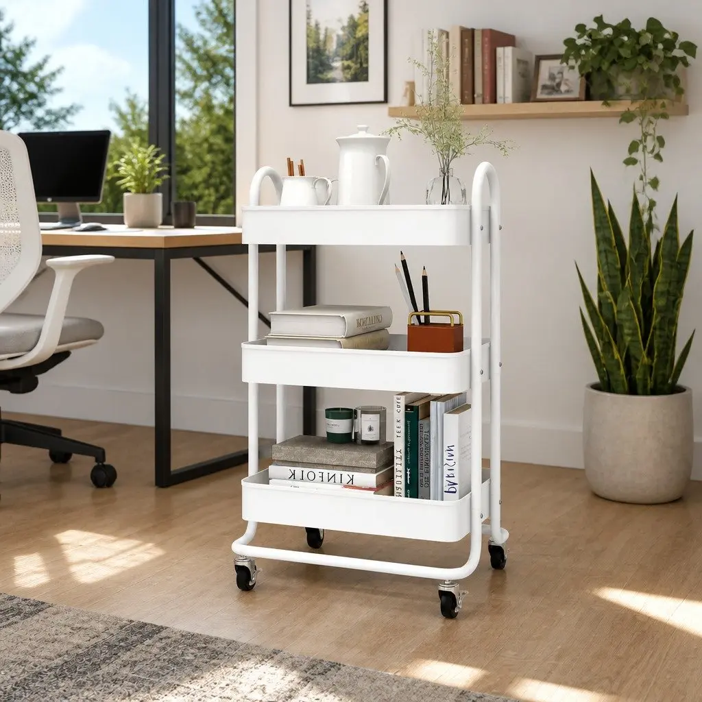 3-Tier Storage Trolley White Steel Mobile Cart 43 x 34 x 79 cm