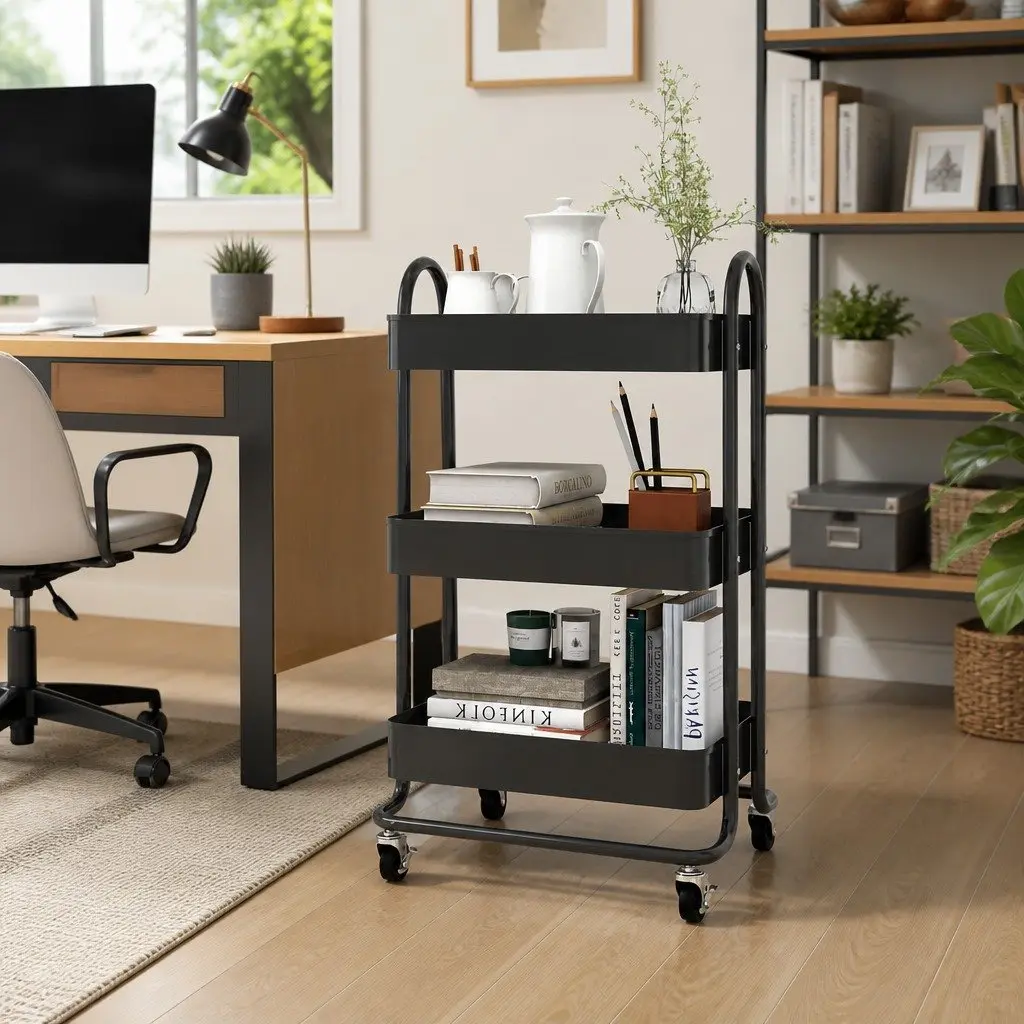 3-Tier Storage Trolley Anthracite Steel Kitchen Office Organiser Mobile Cart