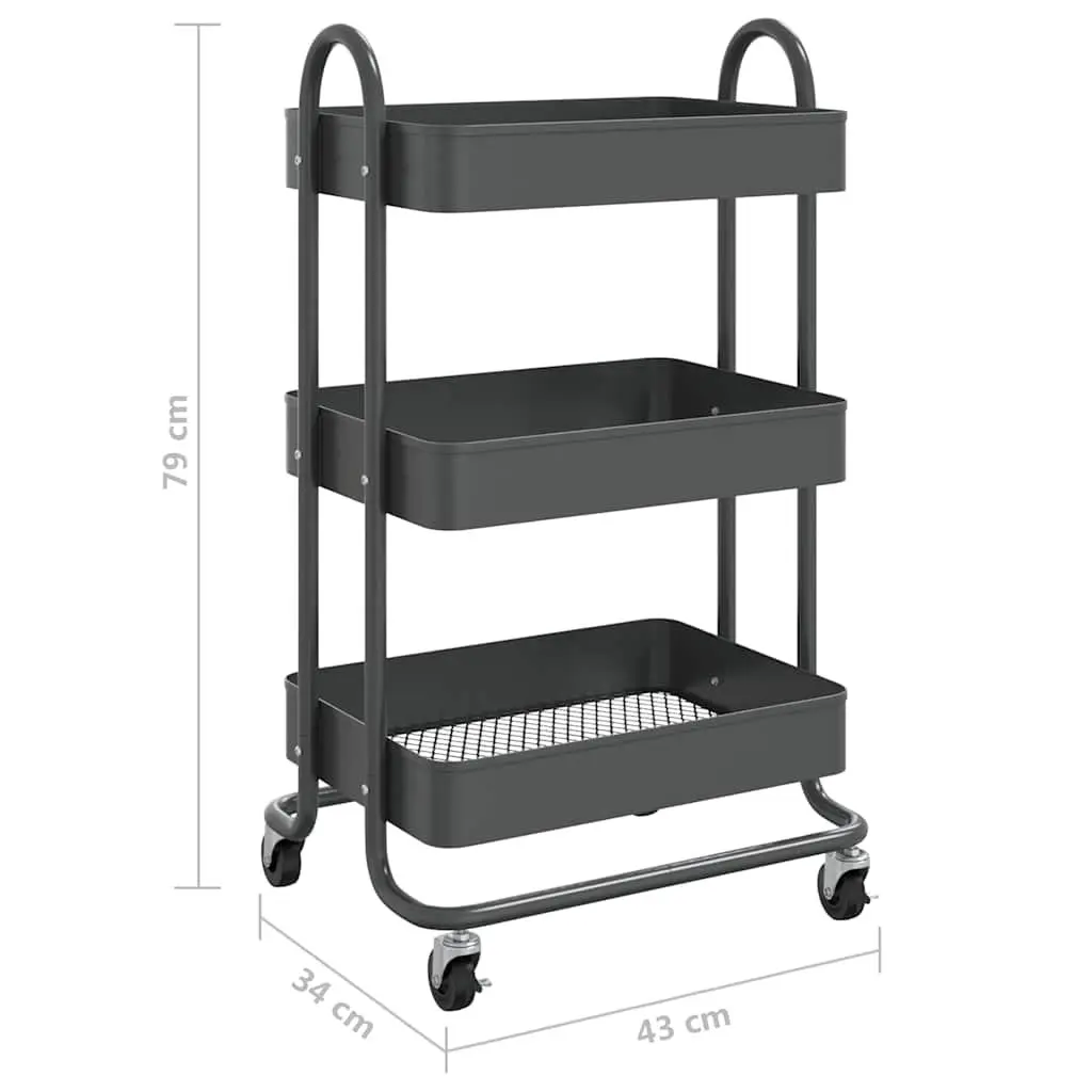 3-Tier Storage Trolley Anthracite Steel Mobile Cart 43 x 34 x 79 cm