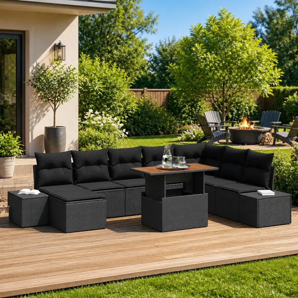 Garden Sofa Set 9 Piece Outdoor Patio Furniture with Storage Black Modular