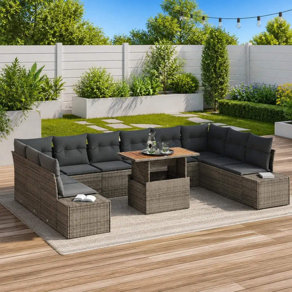 Outdoor Modular Lounge Sofa Set Grey Poly Rattan 11 Pieces