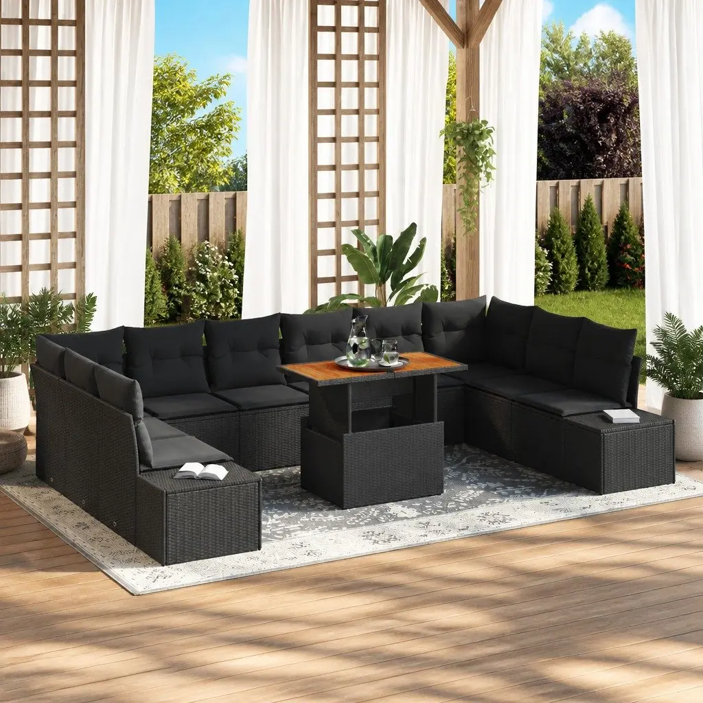 11 Piece Modular Outdoor Garden Sofa Set with Storage Black Poly Rattan