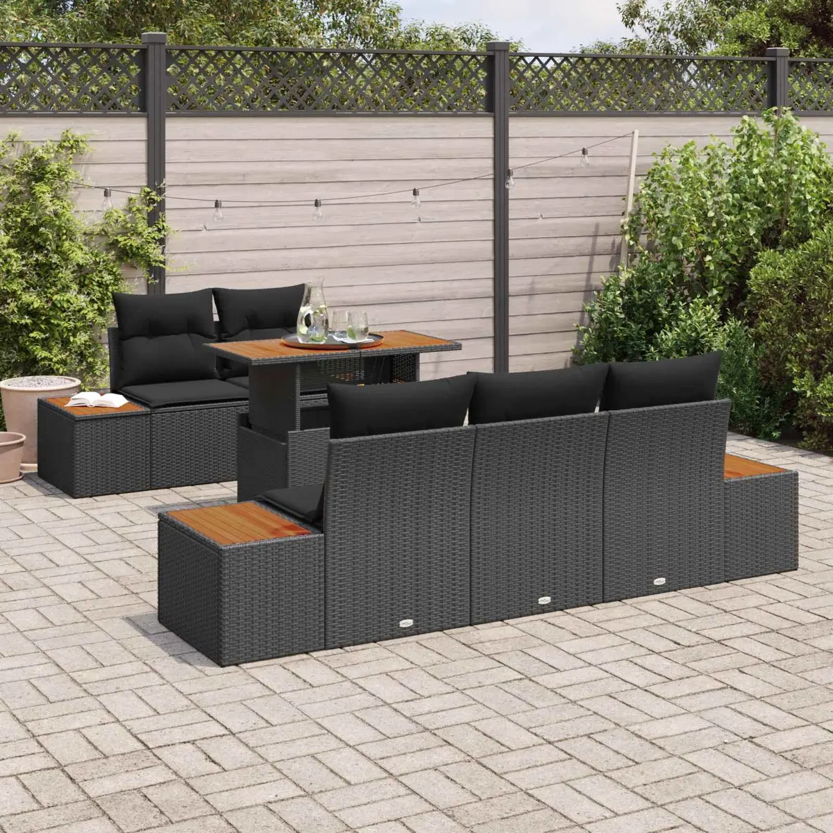Outdoor Garden Sofa Set 6 Pieces Black Poly Rattan Modular Furniture Storage