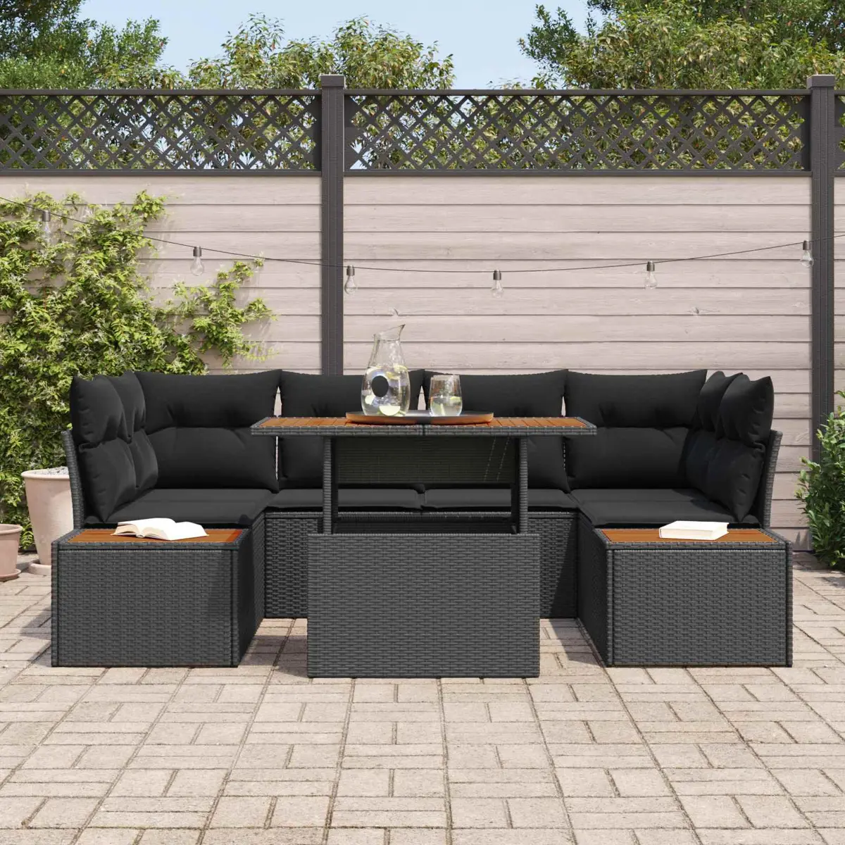 Garden Sofa Set 7 Pieces Black Poly Rattan Outdoor Furniture with Storage