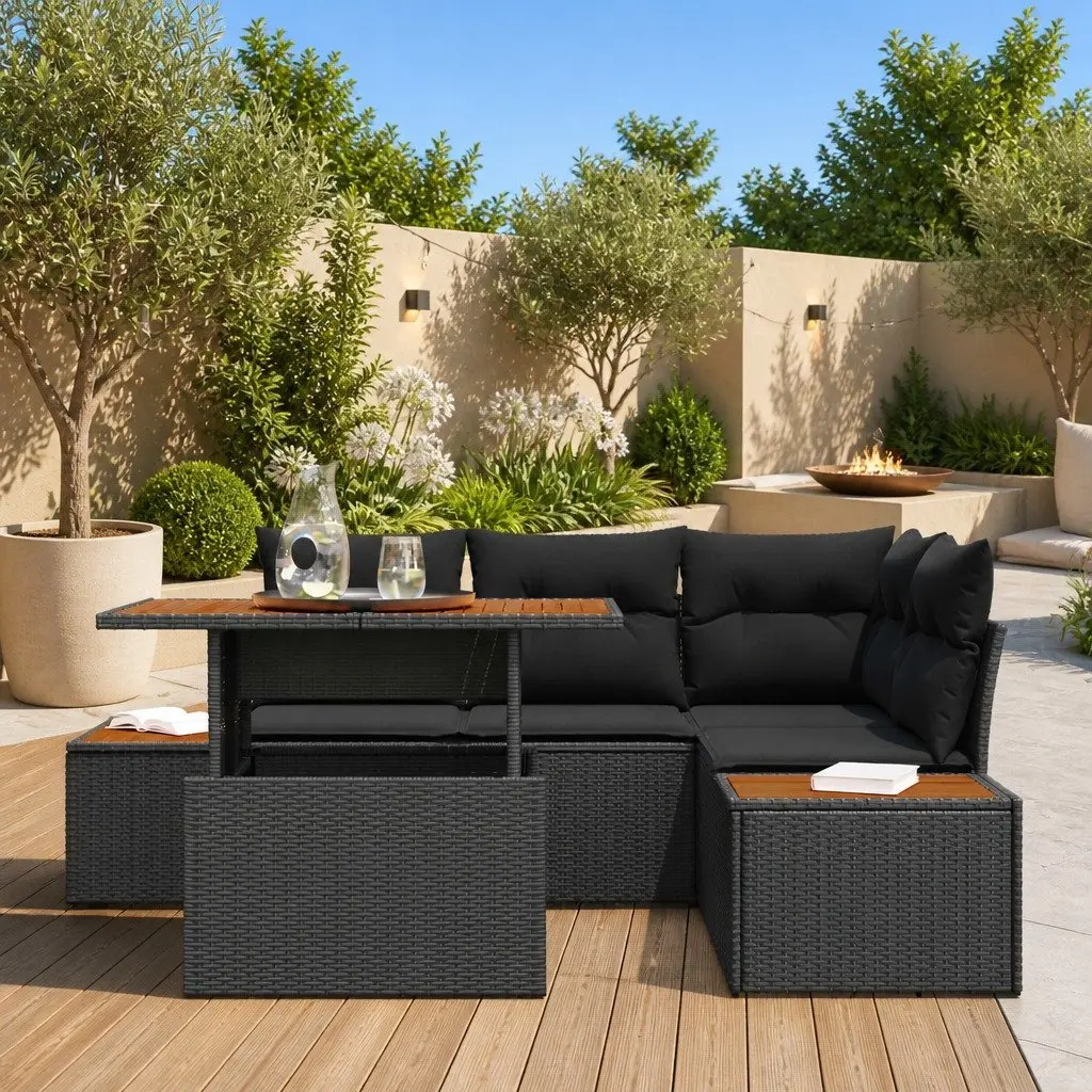 Modular Outdoor Garden Sofa Set Black Poly Rattan 5 Piece with Storage
