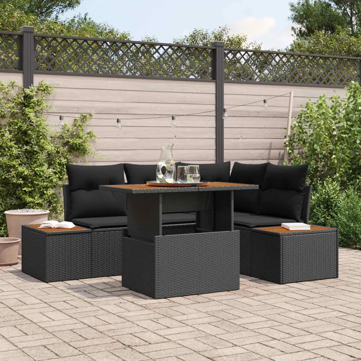Modular Outdoor Garden Sofa Set Black Poly Rattan 5 Piece with Storage