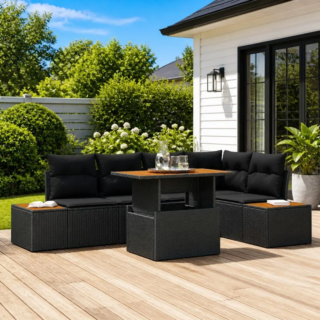 Garden Sofa Set 6 pcs Black Poly Rattan Modular Outdoor Lounge Sectional Set