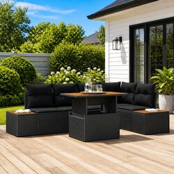 Outdoor Garden Sofa Set 6 Seater Black Poly Rattan Modular Furniture with