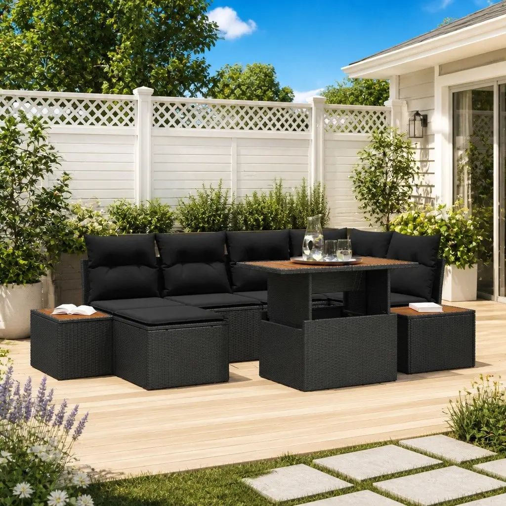 Modular Garden Sofa Set 7 Piece Outdoor Rattan Furniture with Storage Black
