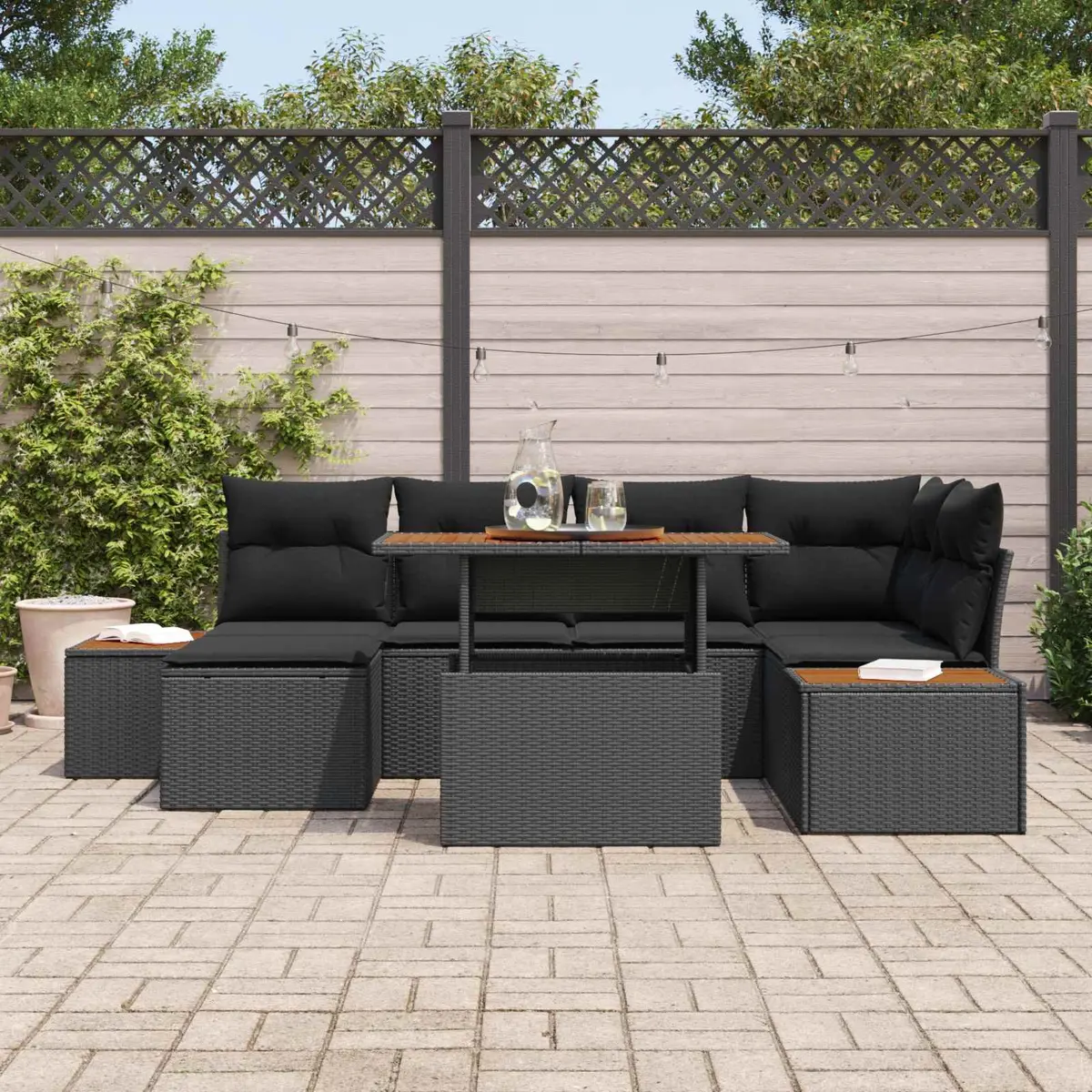 Modular Garden Sofa Set 7 Piece Outdoor Rattan Furniture with Storage Black