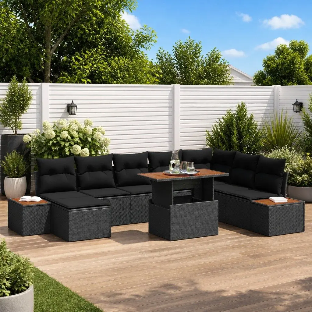 Outdoor Furniture Set 9 Piece Modular Black Poly Rattan Configuration with Storage