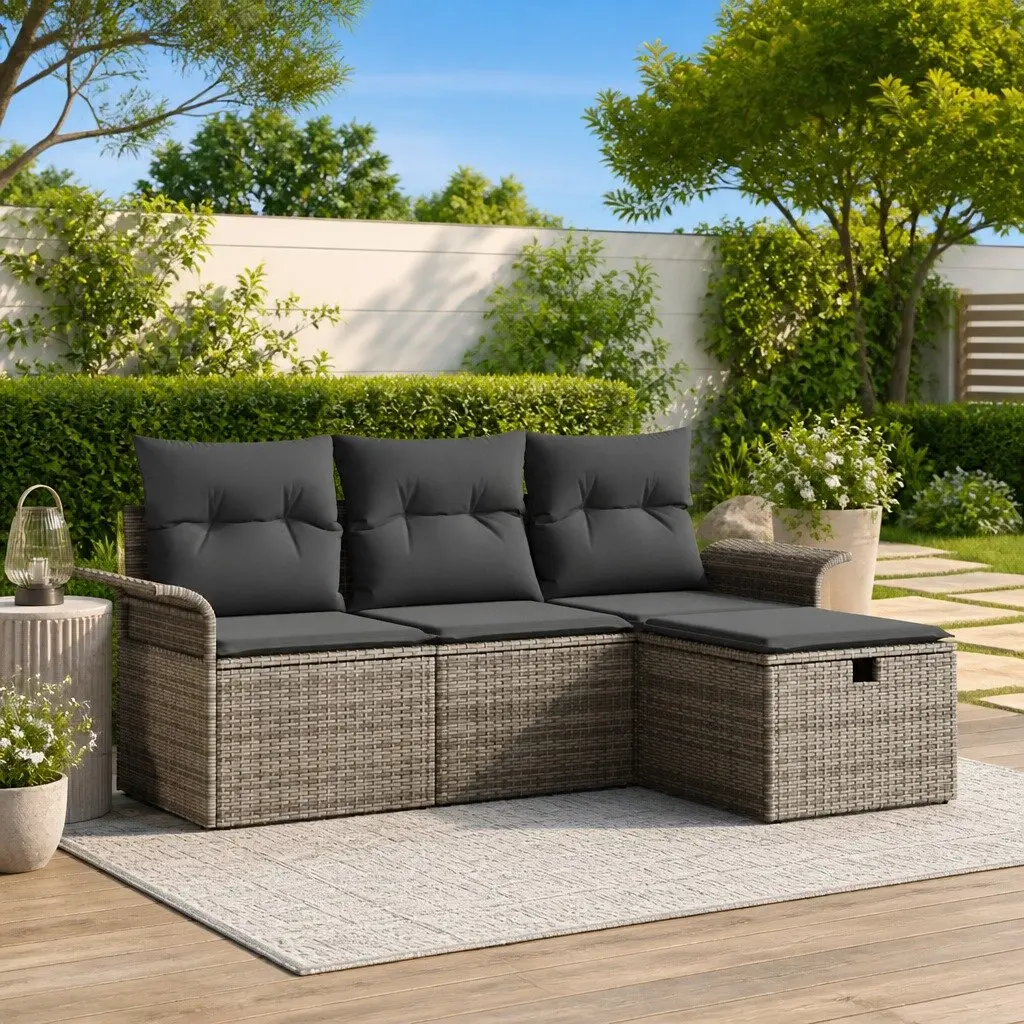Modular Garden Sofa Set Grey 4 Pieces Poly Rattan Weather Resistant