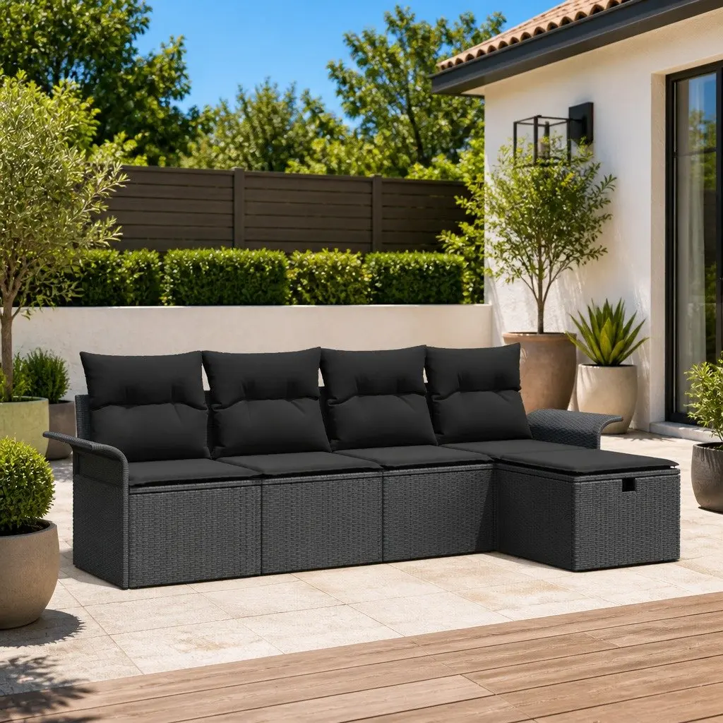 Outdoor Garden Sofa Set Modular 5 Piece Black Poly Rattan with Cushions
